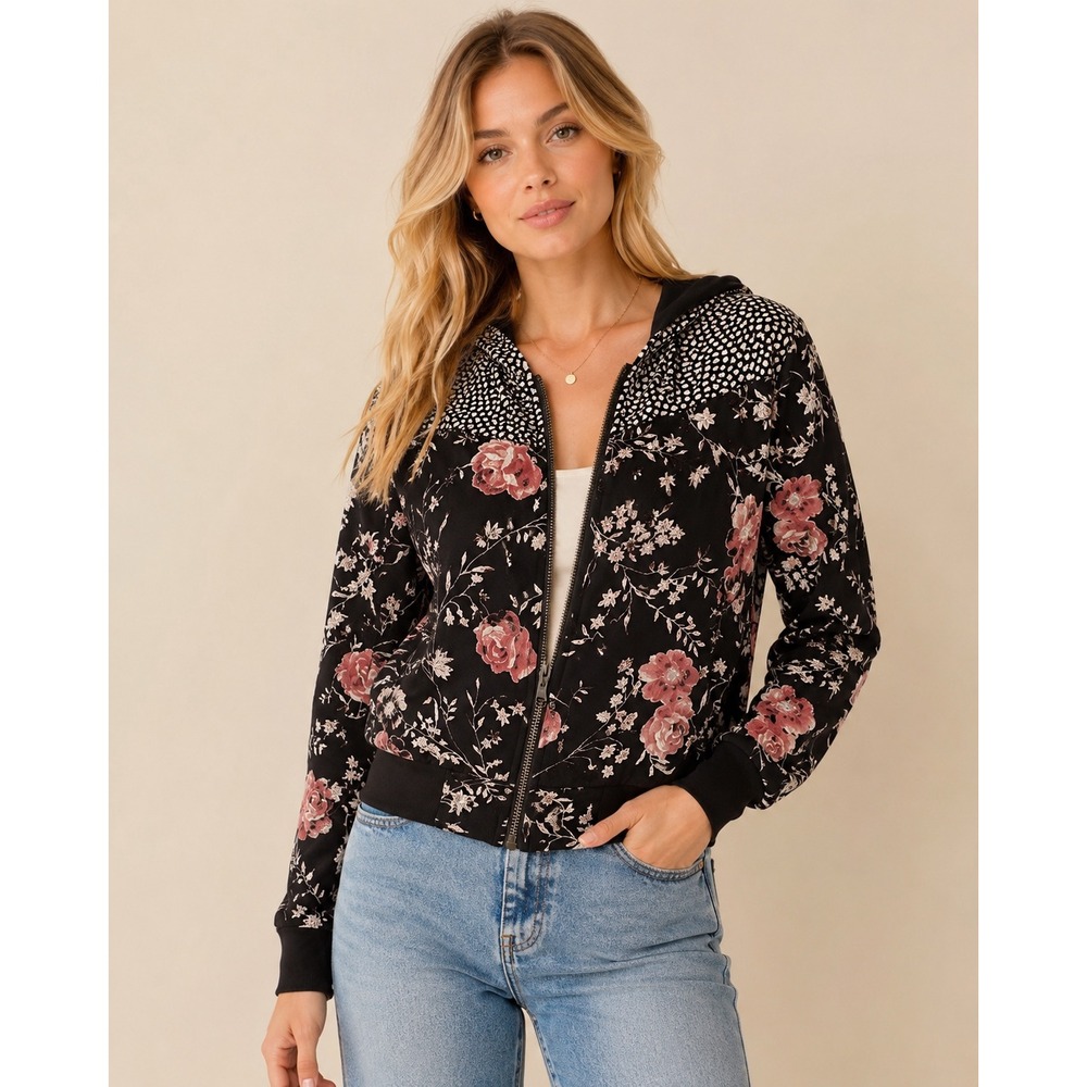 Saltwater Luxe Floral Dotted Hooded Bomber Jacket Black Pink Full Zip S